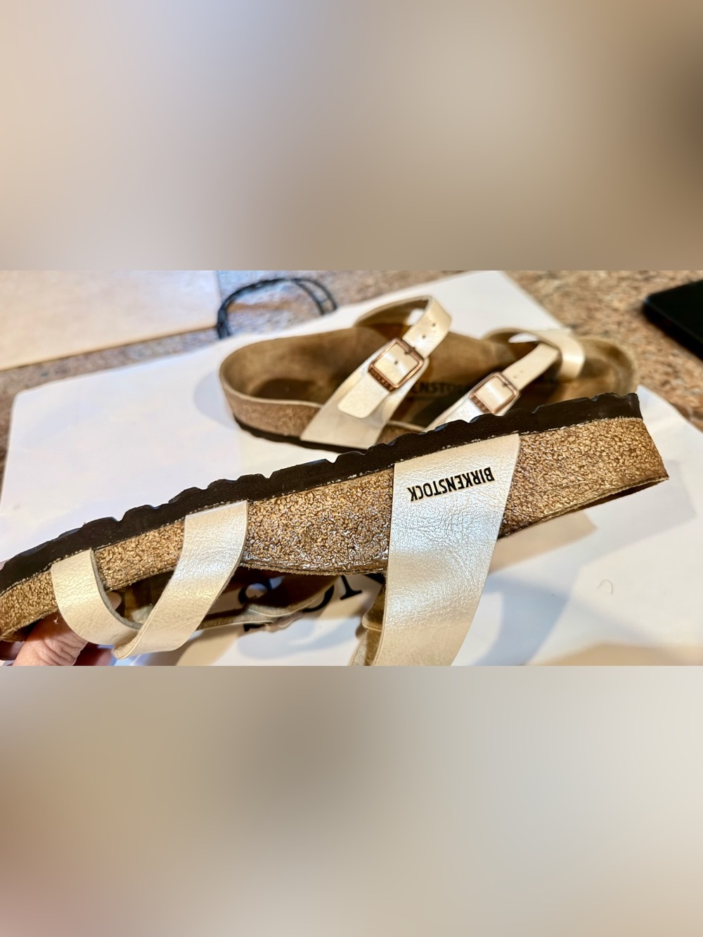 Birkenstock Metallic Cream Cross-Strap Sandals with Rose Gold Buckles - Picture 4 of 14